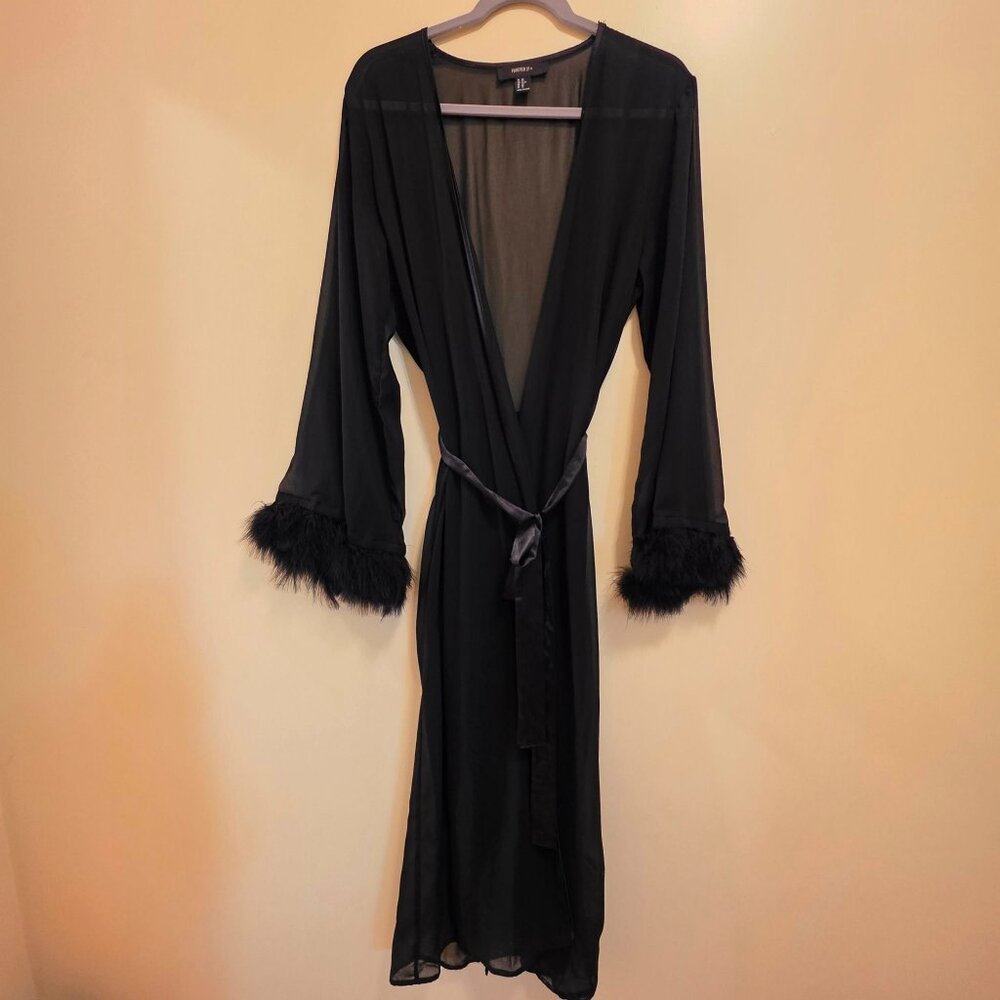 Forever 21 Black Sheer Robe with Feathers & Tie o/s